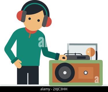 Colorful vector illustration of person enjoying vinyl music with headphones on. Ideal for music, relaxation, and leisure concepts. Stock Vector