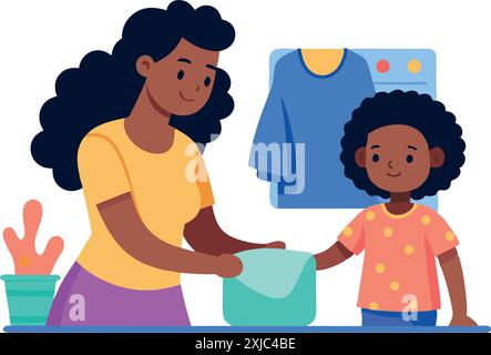 Mother and daughter spending quality time doing household chores together in the laundry room. Stock Vector