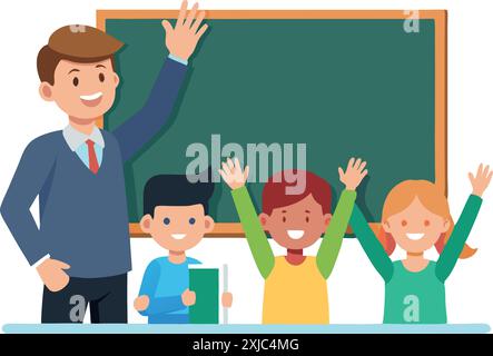 Teacher and three happy children raising their hands in a classroom setting in front of a blackboard. Illustration depicting education, learning, and Stock Vector