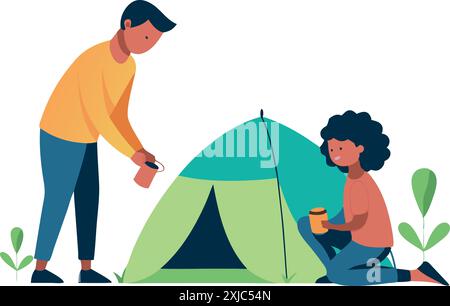 Vector illustration of two people setting up a campsite with a tent, depicting an outdoor camping adventure and teamwork. Stock Vector