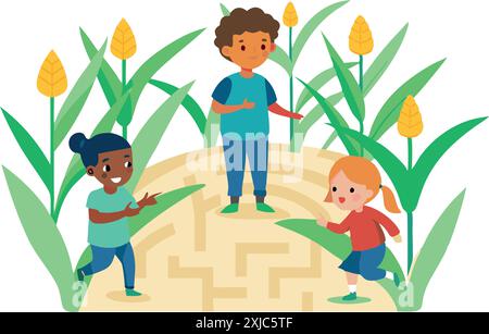 Happy children playing and exploring in a corn maze, enjoying an outdoor adventure together Stock Vector