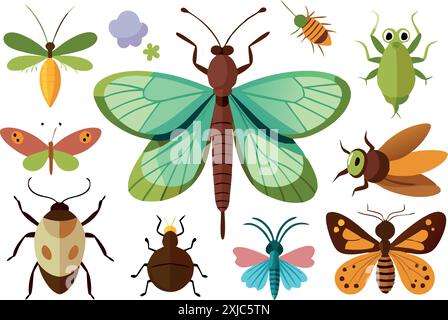 A vibrant cartoon illustration of various insects including butterfly, beetle, moth, and other colorful bugs. Stock Vector