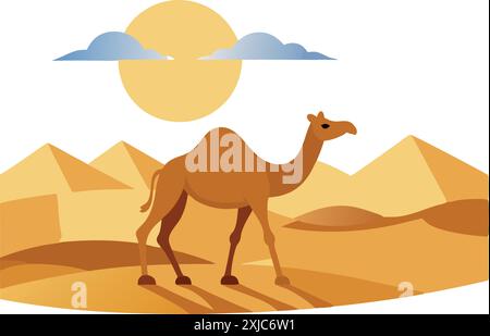 Vector image of a camel standing in a desert, featuring sand dunes, a clear sky, and the sun in the background. Stock Vector