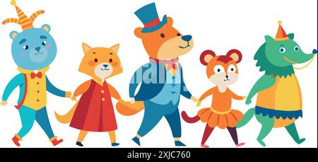 Cheerful cartoon animals wearing costumes walking hand in hand in a row. Ideal for children's illustrations, festive themes, and joyful occasions. Stock Vector