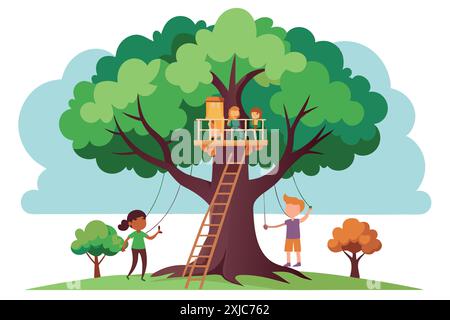 Illustration of children playing in a treehouse with swings and a ladder, depicting outdoor fun and adventure. Stock Vector