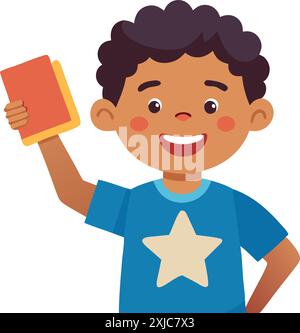 Illustration of a happy child holding a book and smiling proudly. Perfect for concepts of education, learning, and childhood achievement. Stock Vector