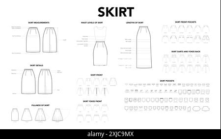 Set of Skirt details diagrams - Length, Measurement, Fullness, Pockets on pants styles technical fashion illustration. Flat apparel template front, back view. Women, men unisex CAD mockup isolated Stock Vector