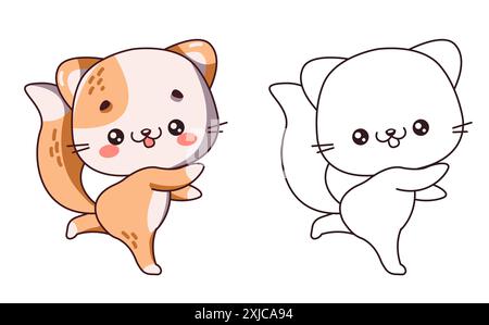 Dancing fluffy kitten cartoon character of coloring page. Childish cat standing on one paw color and outline illustration. Kids creativity Stock Vector