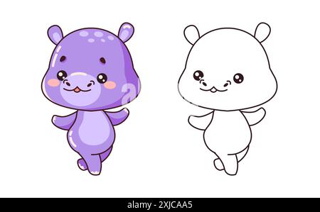 Dancing baby hippo cartoon character of coloring page. Gracefully moving animal color and linear illustration for kids art lessons Stock Vector