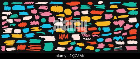 Multicolored doodle brush strokes vector art on black background. Childish drawing of curved lines and straight smears neon illustration set Stock Vector