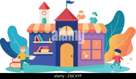 Colorful illustration featuring children playing around a vibrant school building with educational motifs Stock Vector