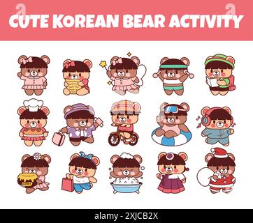 Cute korean bear activity vector illustration set Stock Vector