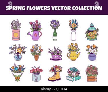 Spring flowers with pot vector illustration set Stock Vector