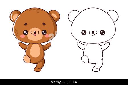 Funny baby bear dancing cartoon character of coloring page. Wild animal cub performing joy emotions color and linear illustrations Stock Vector