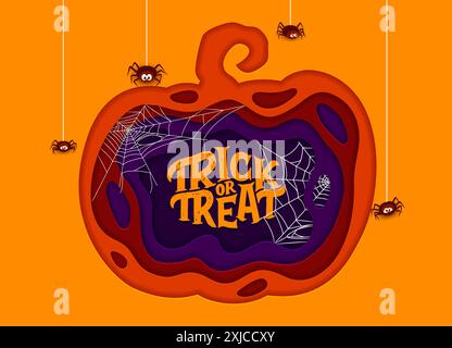 Halloween paper cut pumpkin with spiders and cobweb. Vector holiday background with cartoon insects inside of jack lantern shape. 3d papercut frame wi Stock Vector