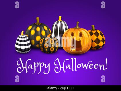 Halloween banner with patterned pumpkins. Cartoon vector holiday greeting card with congratulation, painted gourds adorned with festive patterns and f Stock Vector