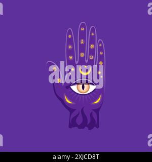 Cartoon magic hand with all seeing eye. Isolated vector occult amulet with mystic symbols. Open human palm with signs for palmistry, spirituality, alc Stock Vector
