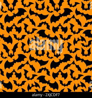 Halloween holiday bats pattern, seamless background for horror night holiday, cartoon vector. Flying scary vampire bats in black silhouettes on orange Stock Vector