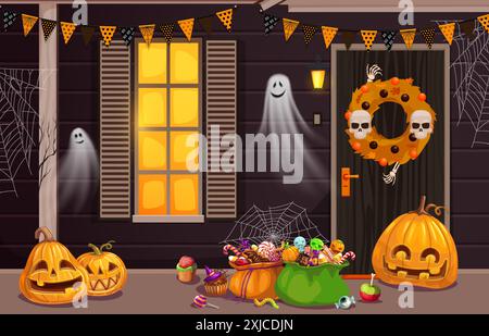 Halloween sweets on holiday door porch with pumpkins and ghosts, cartoon vector. Halloween horror night and trick or treat party spooky decorations on Stock Vector