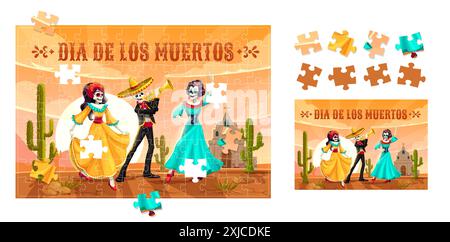 Day of the dead Mexican holiday jigsaw puzzle quiz game pieces. Dia de los muertos educational vector worksheet for preschool children with funny cart Stock Vector