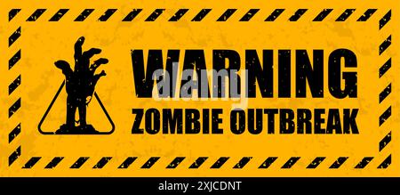 Grunge warning caution, Halloween zombie outbreak beware sign, vector horror holiday. Apocalypse monster attack attention sticker with zombie hand cau Stock Vector