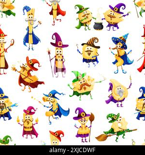 Cartoon Halloween Italian pasta characters seamless pattern, vector kids holiday background. Funny linguine in witch hat with magic wand, penne sorcer Stock Vector