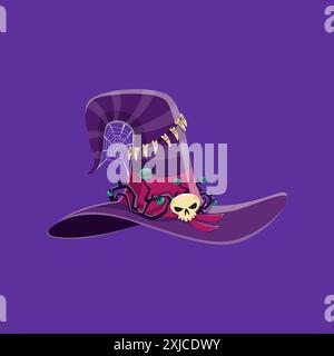 Cartoon Halloween witch hat, pointed and purple, with a wide brim and stripes, adorned in spooky style with spiderweb, teeth, skull and creepy plant. Stock Vector
