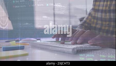 Image of graphs, trading boards, computer language, caucasian man scrolling on digital tablet. Binary codes, digital composite, report, business, stoc Stock Photo