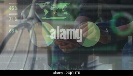 Image of statistical data processing over mid section of man using a smartphone on the street Stock Photo