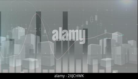 Image of multiple graphs and 3d model of buildings against over abstract background Stock Photo