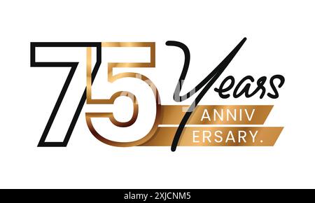 75 Years Anniversary and celebration minimalist line art style. Gold logo abstract Design. Vector Illustration. Number for icon, label, insigna, seal Stock Vector