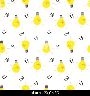Seamless pattern of light bulbs and paper clips on a white background Stock Vector