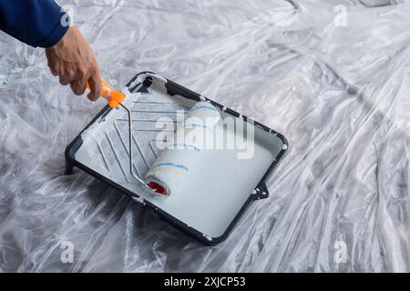 Close-up of hands using paint roller and white paint on the paint tray. Home improvement and house painting concept. Stock Photo