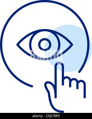 Finger clicking on eye symbol. Interaction and engagement with visual content. Pixel perfect, editable stroke vector icon Stock Vector