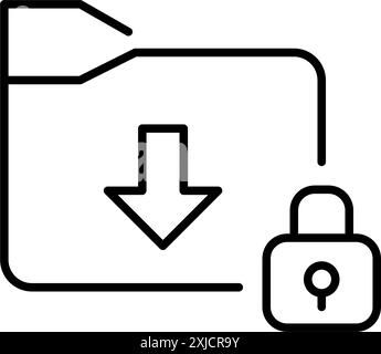File folder, downwards arrow and lock. Encrypted file storage and exchange. Pixel perfect, editable stroke vector ico Stock Vector