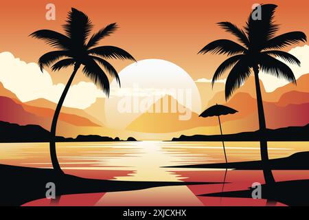 A vector illustration of Beach Palm Trees Landscape Background Stock Vector