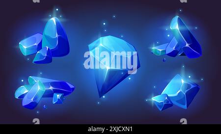 Magic blue gemstones set isolated on background. Vector cartoon illustration of abstract shape stones, pile of neon glowing mineral rocks, big diamond crystal, shimmering particles in air, treasure Stock Vector