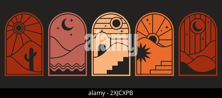 Boho logo with desert mountains and cactus. Bohemian vector minimal illustration. Abstract windows with nature landscape. Set of arches with oasis Stock Vector