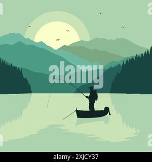 A vector illustration of Silhouette Fishing Man on a Boat in a Lake Stock Vector
