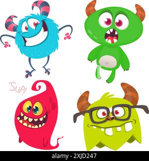 Funny cartoon monsters with different face expressions. Set of cartoon vector happy monsters characters. Halloween design for party decoration or pack Stock Vector