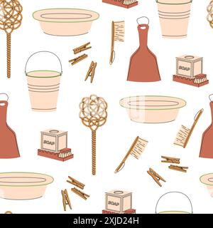 Eco-friendly cleaning products seamless pattern. Soap, bucket, washing basin. Organic natural ecological cleaners. Flat vector illustration Stock Vector