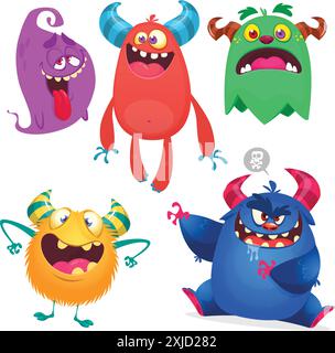 Funny cartoon monsters with different face expressions. Set of cartoon vector happy monsters characters. Halloween design for party decoration or pack Stock Vector