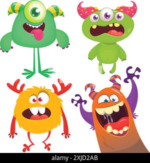 Funny cartoon monsters with different face expressions. Set of cartoon vector happy monsters characters. Halloween design for party decoration or pack Stock Vector