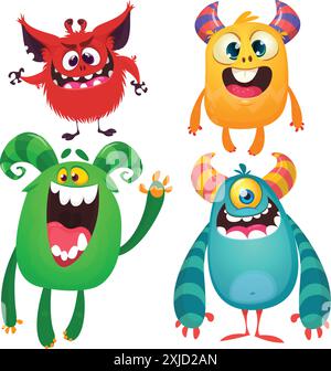 Funny cartoon monsters with different face expressions. Set of cartoon vector happy monsters characters. Halloween design for party decoration or pack Stock Vector