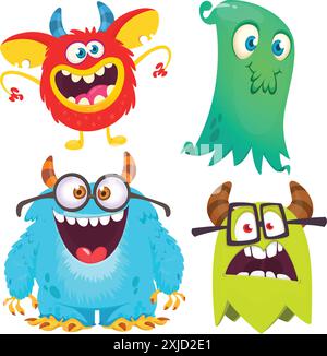 Funny cartoon monsters with different face expressions. Set of cartoon vector happy monsters characters. Halloween design for party decoration or pack Stock Vector