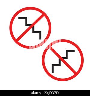 No stairs allowed icon. Two stair symbols. Red circle and line. Vector illustration. Stock Vector