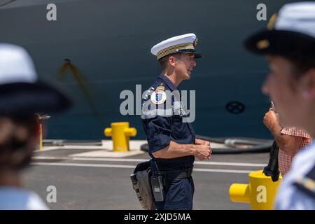 Toulon, France. 16th July, 2024. Capitaine de Vaisseau Adrien Schaar, commander of the PHA Tonnerre (Amphibious Helicopter Carrier) returns from the Misson Jeanne d'Arc in Toulon, France, on July 16, 2024. Photo by Laurent Coust/ABACAPRESS.COM Credit: Abaca Press/Alamy Live News Stock Photo