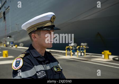 Toulon, France. 16th July, 2024. Capitaine de Vaisseau Adrien Schaar, commander of the PHA Tonnerre (Amphibious Helicopter Carrier) returns from the Misson Jeanne d'Arc in Toulon, France, on July 16, 2024. Photo by Laurent Coust/ABACAPRESS.COM Credit: Abaca Press/Alamy Live News Stock Photo