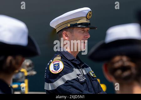 Toulon, France. 16th July, 2024. Capitaine de Vaisseau Adrien Schaar, commander of the PHA Tonnerre (Amphibious Helicopter Carrier) returns from the Misson Jeanne d'Arc in Toulon, France, on July 16, 2024. Photo by Laurent Coust/ABACAPRESS.COM Credit: Abaca Press/Alamy Live News Stock Photo