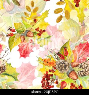 Watercolor Autumn composition, seamless pattern of leaves, berries, fruits, vegetables, pine cones and branches . Watercolor illustration of hand-draw Stock Photo